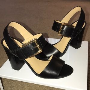 Michael Kors Block 4” Heel Sandals with Gold Buckle